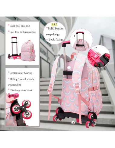 Mochila Rodante 3PCS YJMKOI para Niñas Color Rosa