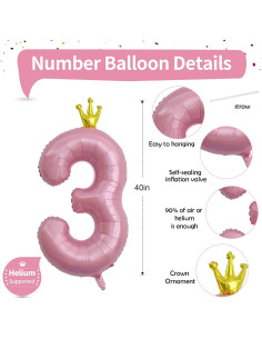 Globo de Número 3 Rosa Claro 101,6 cm para Cumpleaños 2