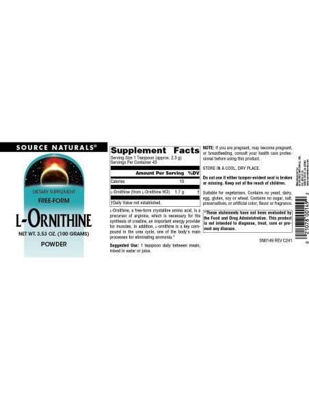Suplemento L-Ornitina en polvo Source Naturals 100 g Suplemento L-Ornitina en polvo Source Naturals 100 g