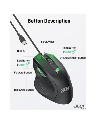 Mouse con Cable Acer OMW313, 4 DPI Ajustables, 1.5m USB