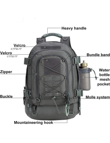 Mochila táctica expandible 39-64L Molle gris para senderismo