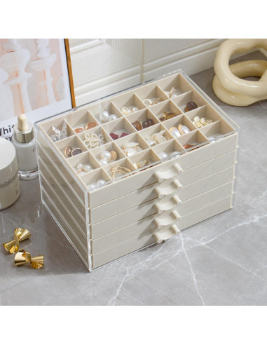 Caja de Almacenamiento de Joyería YUFONG Beige 5 Cajones 120 Compartimentos