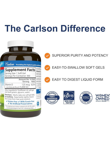 Carlson Vitamina D3 5000 UI 360 Cápsulas Blandas Salud Ósea