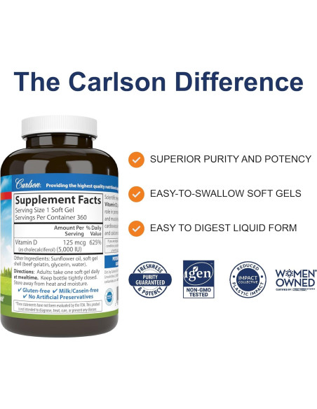 Carlson Vitamina D3 5000 UI 360 Cápsulas Blandas Salud Ósea Carlson Vitamina D3 5000 UI 360 Cápsulas Blandas Salud Ósea