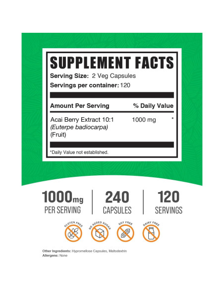 Cápsulas de Acai Berry BulkSupplements 1000mg - 240 Conteo Cápsulas de Acai Berry BulkSupplements 1000mg - 240 Conteo