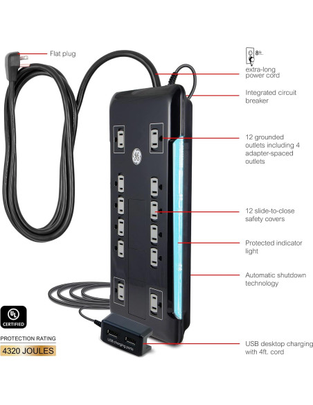 Protector de Sobretensión GE 12 Salidas 4320 Julios USB 2 Puertos Protector de Sobretensión GE 12 Salidas 4320 Julios USB 2 Puertos