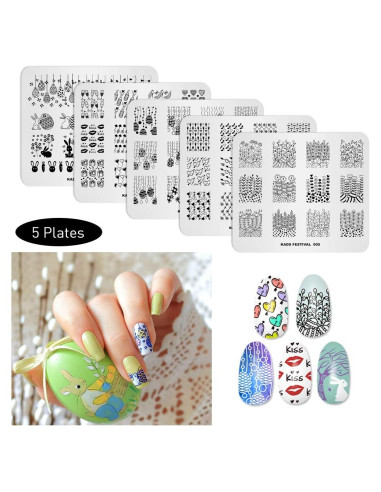 KADS Set de 5 Placas de Estampado de Uñas Acero Inoxidable 8x7cm