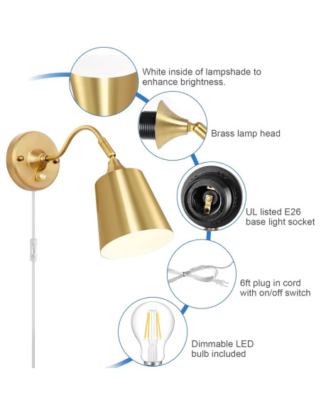 Aplique de pared regulable TRLIFE dorado con bombilla LED 6W Aplique de pared regulable TRLIFE dorado con bombilla LED 6W