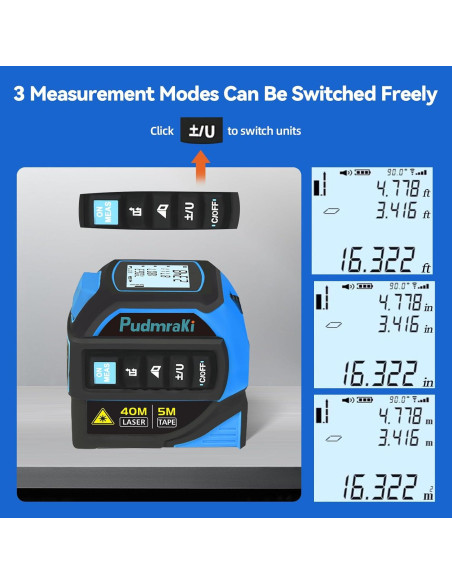 Cinta Métrica Láser 4-en-1 Pudmraki 40m con Pantalla LCD Cinta Métrica Láser 4-en-1 Pudmraki 40m con Pantalla LCD