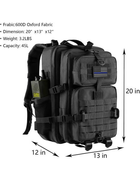 Mochila Táctica Militar 45L MOLLE Negra con Soporte de Botella Mochila Táctica Militar 45L MOLLE Negra con Soporte de Botella