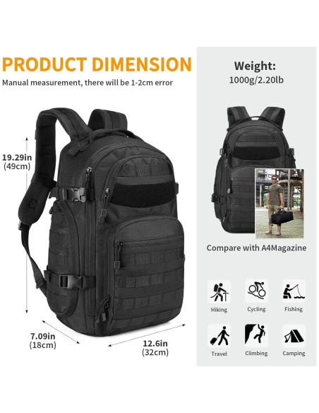 CamGo Mochila Táctica MOLLE 25L Negra para Senderismo CamGo Mochila Táctica MOLLE 25L Negra para Senderismo