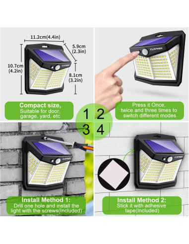 Luces Solares CLAONER 128 LED 4 Paquetes IP65 Seguridad