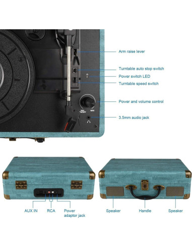 Reproductor de Vinilo Rybozen Verde 3 Velocidades Bluetooth