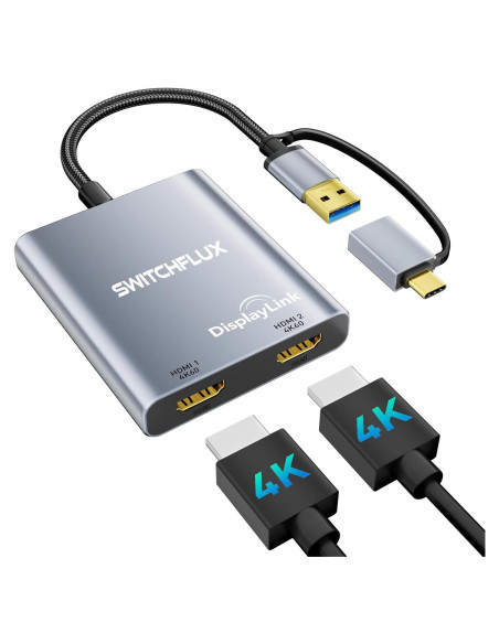 Adaptador USB C a Doble HDMI SWITCHFLUX 4K 60Hz Mac/Windows Adaptador USB C a Doble HDMI SWITCHFLUX 4K 60Hz Mac/Windows