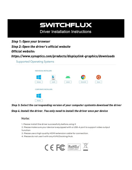 Adaptador USB C a Doble HDMI SWITCHFLUX 4K 60Hz Mac/Windows Adaptador USB C a Doble HDMI SWITCHFLUX 4K 60Hz Mac/Windows