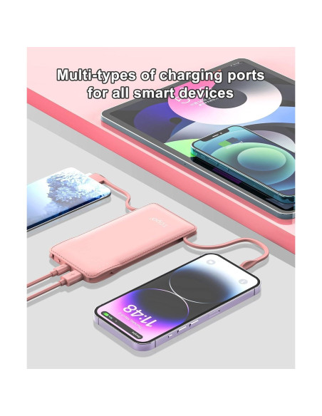 Cargador Portátil TG90 10000mAh Rosa con Cables Integrados Cargador Portátil TG90 10000mAh Rosa con Cables Integrados