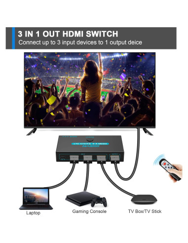 Interruptor HDMI SGEYR 3 Puertos 4K con Control Remoto