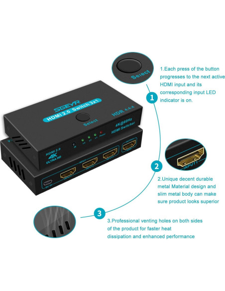 Interruptor HDMI SGEYR 3 Puertos 4K con Control Remoto Interruptor HDMI SGEYR 3 Puertos 4K con Control Remoto