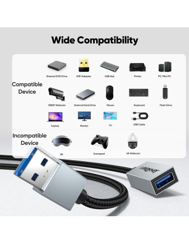 Cable Extensión USB 3.0 JasRoum 1 Pie Paquete de 2 Macho a Hembra