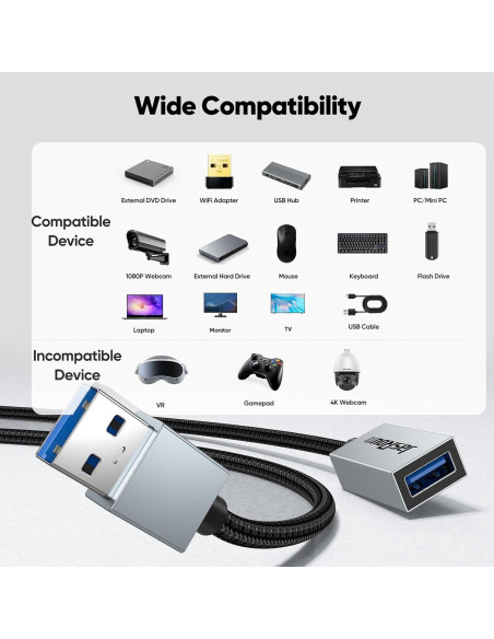 Cable Extensión USB 3.0 JasRoum 1 Pie Paquete de 2 Macho a Hembra Cable Extensión USB 3.0 JasRoum 1 Pie Paquete de 2 Macho a Hembra