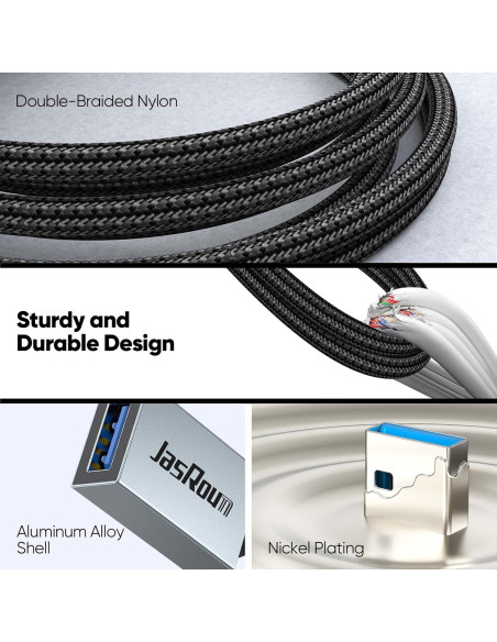 Cable Extensión USB 3.0 JasRoum 1 Pie Paquete de 2 Macho a Hembra Cable Extensión USB 3.0 JasRoum 1 Pie Paquete de 2 Macho a Hembra