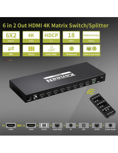 Conmutador HDMI 4K 6x2 KanaaN - 6 Entradas, 2 Salidas