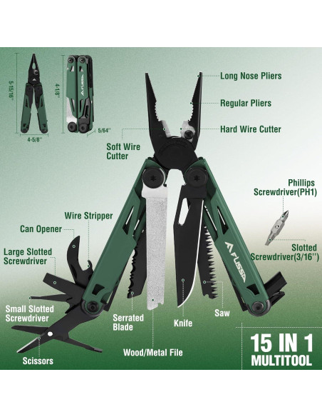 Multiherramienta FLISSA 15-en-1 Acero Inoxidable Verde Multiherramienta FLISSA 15-en-1 Acero Inoxidable Verde