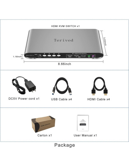 Interruptor KVM Terived 4 Puertos HDMI 4K con Audio y USB 3.0 Interruptor KVM Terived 4 Puertos HDMI 4K con Audio y USB 3.0