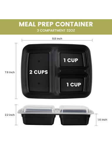 Contenedores de Comida Reutilizables Ezalia 32oz 3 Compartimentos