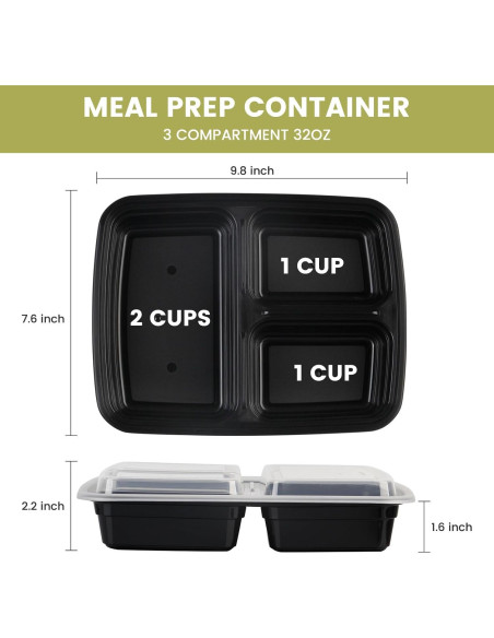 Contenedores de Comida Reutilizables Ezalia 32oz 3 Compartimentos Contenedores de Comida Reutilizables Ezalia 32oz 3 Compartimentos