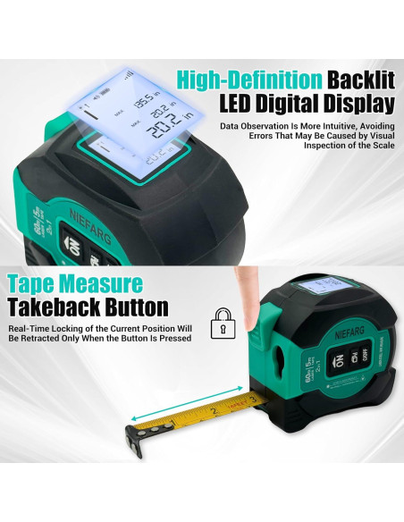 Cinta Métrica Digital NIEFARG 60m con Láser y Pantalla LED Cinta Métrica Digital NIEFARG 60m con Láser y Pantalla LED