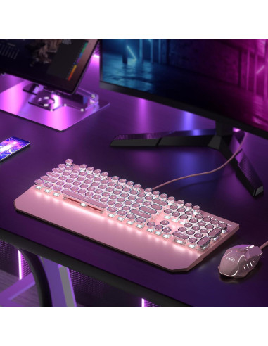 Combo Teclado Mecánico Rosa Camiysn Retro Iluminado
