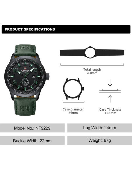 Reloj Deportivo NAVIFORCE NF9229 Correa de Cuero Verde Reloj Deportivo NAVIFORCE NF9229 Correa de Cuero Verde