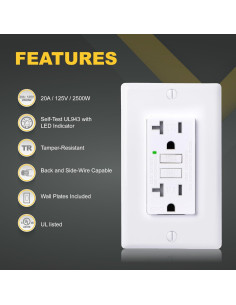 Toma GFCI 20A Faith Electric con auto-prueba y LED 2
