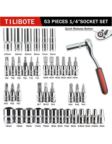 Juego de Llaves de Vaso TILIBOTE 53PCS 1/4" y Extensiones