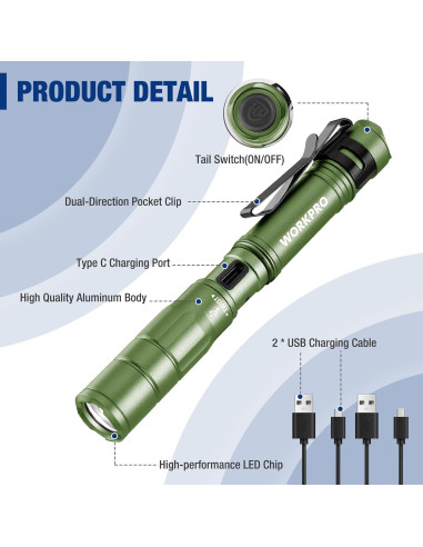 Linterna Mini WORKPRO Verde, 300 Lúmenes, Recargable, 2 Pzs