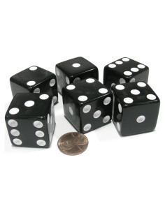 Juego de 6 Dados Jumbo 25mm Negros con Puntos Blancos