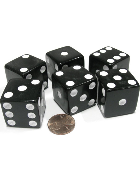 Juego de 6 Dados Jumbo 25mm Negros con Puntos Blancos Juego de 6 Dados Jumbo 25mm Negros con Puntos Blancos