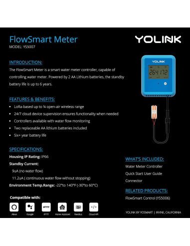 YoLink FlowSmart Medidor de Agua Inteligente 1.5" Hub Incluido