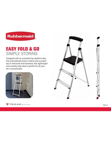 Escalera de 3 peldaños Rubbermaid, aluminio ligero, 102 kg