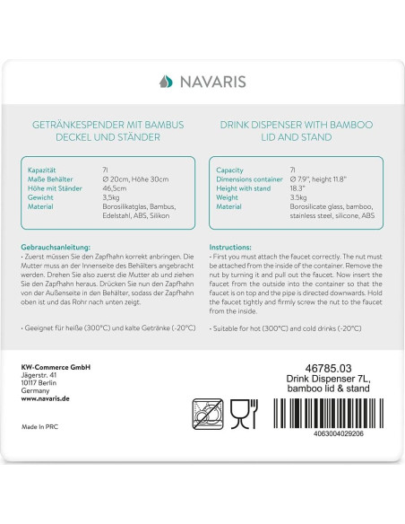 Dispensador de Bebidas Navaris 7L Vidrio con Grifo y Soporte Dispensador de Bebidas Navaris 7L Vidrio con Grifo y Soporte