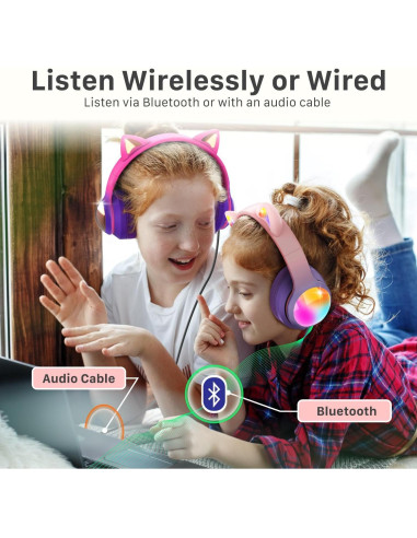 Auriculares FosPower Kids Bluetooth 5.2 Orejas de Gato Rosa