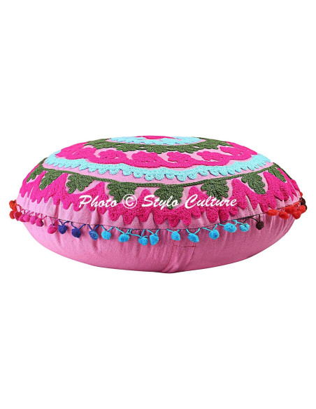 Cojín de Piso Bordado Sujani Rosa 45x45 cm Algodón Cojín de Piso Bordado Sujani Rosa 45x45 cm Algodón
