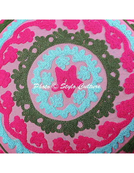 Cojín de Piso Bordado Sujani Rosa 45x45 cm Algodón Cojín de Piso Bordado Sujani Rosa 45x45 cm Algodón