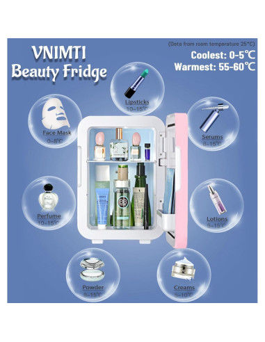Mini Nevera Cosmética VNIMTI 4L con Espejo LED Rosa