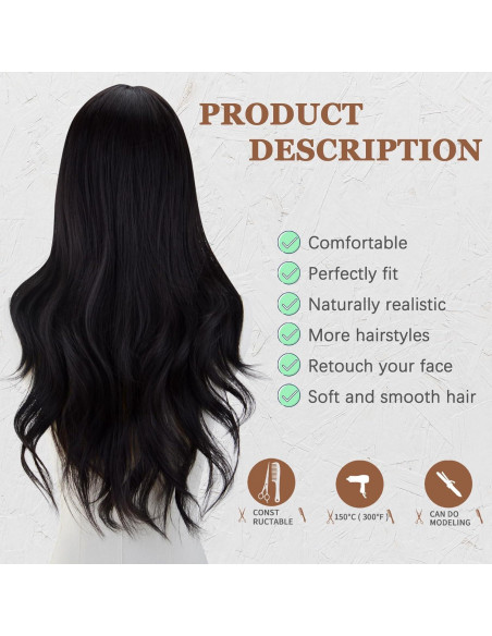 Peluca Larga Negra Ondulada FREE BEAUTY 66 cm Fibra Sintética Peluca Larga Negra Ondulada FREE BEAUTY 66 cm Fibra Sintética
