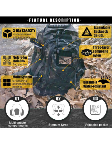 Mochila táctica Camo Negro 40L para senderismo y viaje