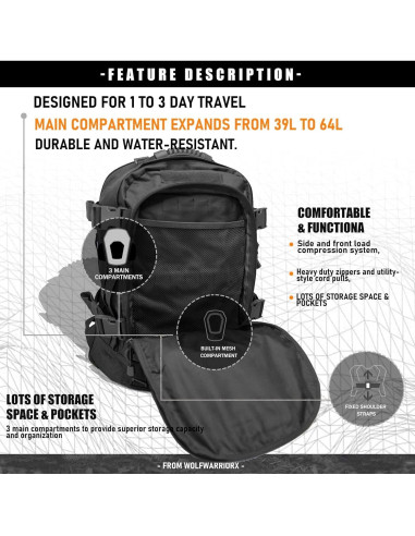 Mochila táctica Camo Negro 40L para senderismo y viaje