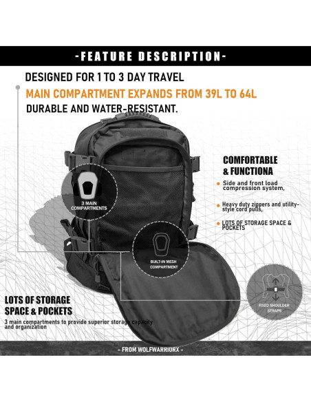 Mochila táctica Camo Negro 40L para senderismo y viaje Mochila táctica Camo Negro 40L para senderismo y viaje
