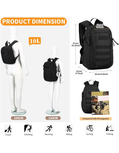 Mochila Táctica Huntvp 10L Negra MOLLE para Senderismo Mochila Táctica Huntvp 10L Negra MOLLE para Senderismo